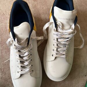 Alexander McQueen White Leather Sneakers with Yellow Heel and Navy Lining